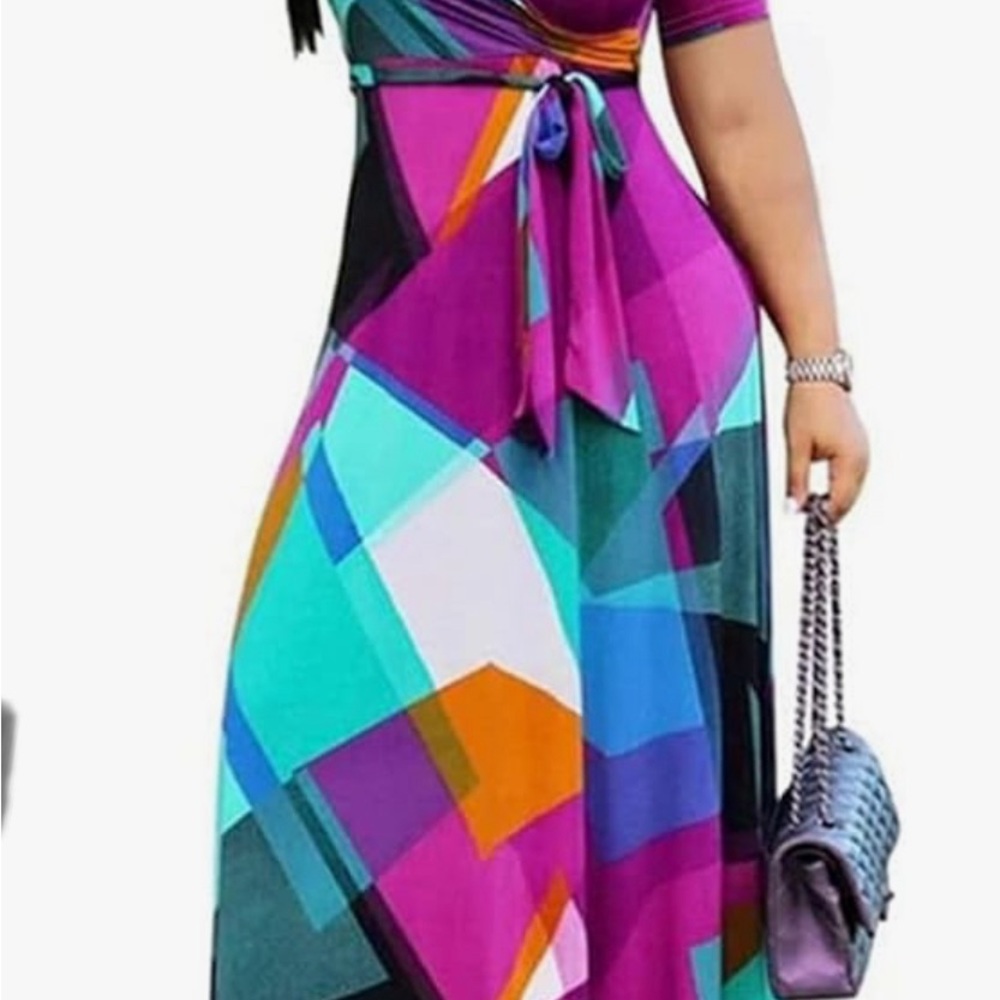 Women's V Neck 3/4 Sleeve Floral Printed Party Loose Long Maxi Dress with Belt